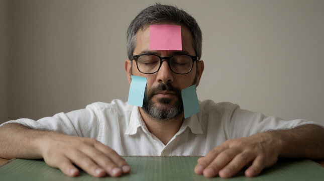​A middle-aged man with glasses and a beard sits with his eyes closed, featuring a pink sticky note on his forehead and two blue sticky notes on his cheeks.