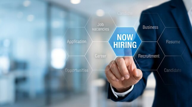Businessman selecting now hiring button on digital interface