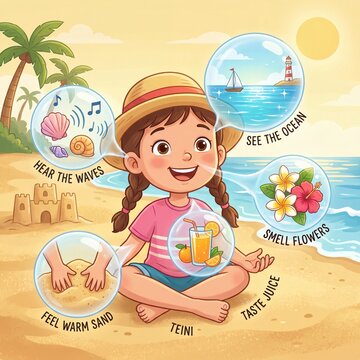 Cheerful beach scene with child enjoying sandcastle and ocean surrounded by educational five senses illustrations highlighting nature learning in playful setting generated ai