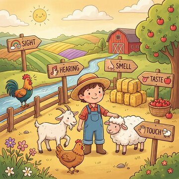 Colorful farm scene with child among animals featuring educational five senses signs in cheerful rural setting with barn, fields, apple tree and hay bales generated ai