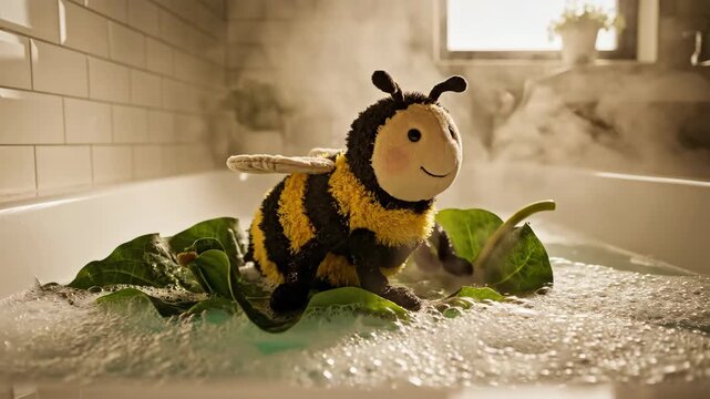 Plush Toy Bee Floating on a Green Leaf Boat in a Steamy Bubble Bath