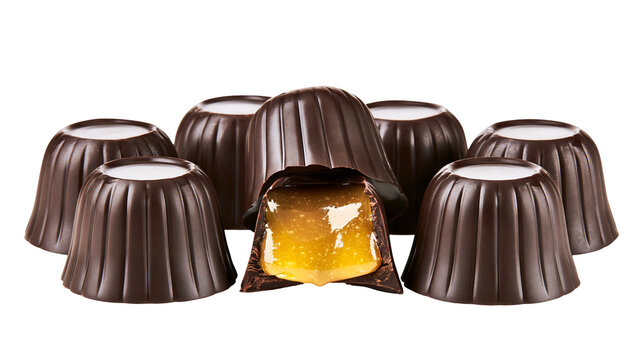 Dark chocolate candies with caramel filling, isolated on transparent background