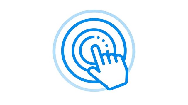 Animated blue hand finger pointing at circular button icon on white background