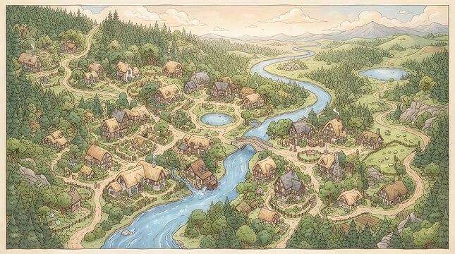 Cozy fantasy map painting of thatched-roof cottages along a winding blue river with a stone bridge and lush green pine trees, textless and borderless design.