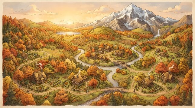 Isometric fairytale valley map with colorful autumn trees, small cabins, and a distant snow-capped mountain, designed with no text and no borders.