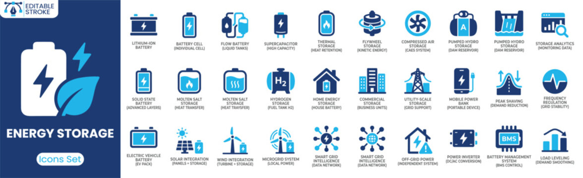 Energy Storage icon set. Containing lithium ion battery, hydrogen storage, battery management system, smart grid, microgrid system and more. Solid vector icons collection