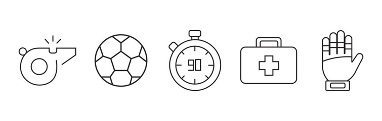 Naklejka premium Set of football sport icons representing soccer match elements including trophies players whistles stadiums and game equipment designed in a clean minimalist linear vector style for web and mobile
