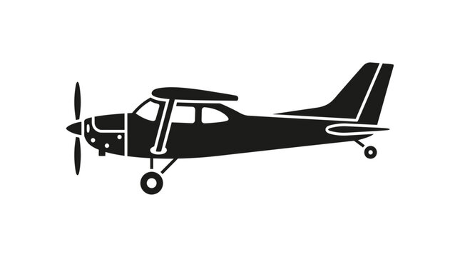 Small single-engine propeller plane silhouette icon. Private general aviation aircraft side view. Air travel symbol or vector graphic.