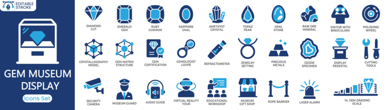 Gem Museum Display icon set. Containing diamond cut, emerald gem, gem certification, museum guard, audio guide and more. Solid vector icons collection