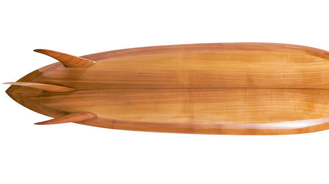 Wooden surfboard with three fins, isolated on transparent background