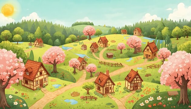 Cheerful and bright fantasy map of a sunny spring village with timber-framed houses and blooming cherry blossoms, with no text or borders.