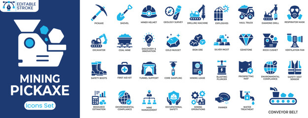 Mining Pickaxe icon set. Containing mining pickaxe, mining helmet, dump truck, conveyor belt, safety boots and more. Solid vector icons collection © ToufikGlyph