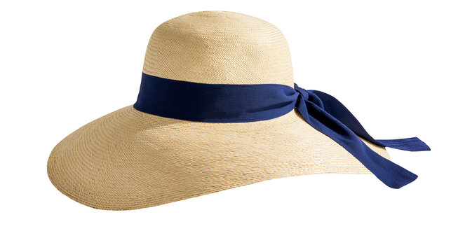 Woven straw sun hat with navy blue ribbon tie, isolated on transparent background