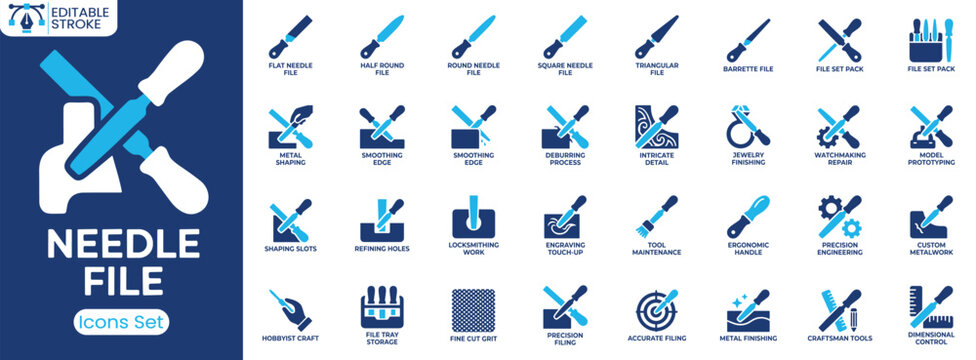 Needle File icon set. Containing flat needle file, round needle file, triangular file, deburring process, metal finishing and more. Solid vector icons collection