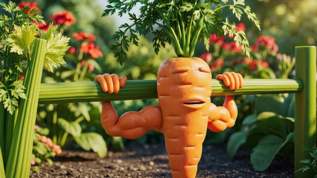 Muscular Anthropomorphic Carrot Working Out on a Celery Stalk in a Garden