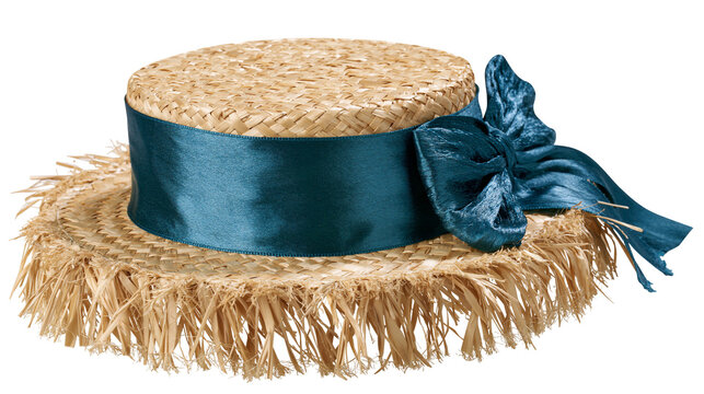 Straw boater hat with teal satin ribbon and bow frayed brim, isolated on transparent background
