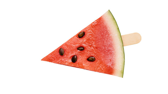 Triangular watermelon slice on a wooden stick, isolated on transparent background
