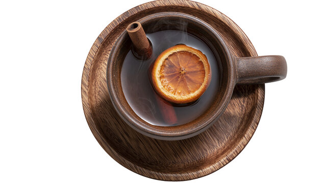 Steaming mulled wine in ceramic cup with dried orange slice and cinnamon stick, isolated on transparent background