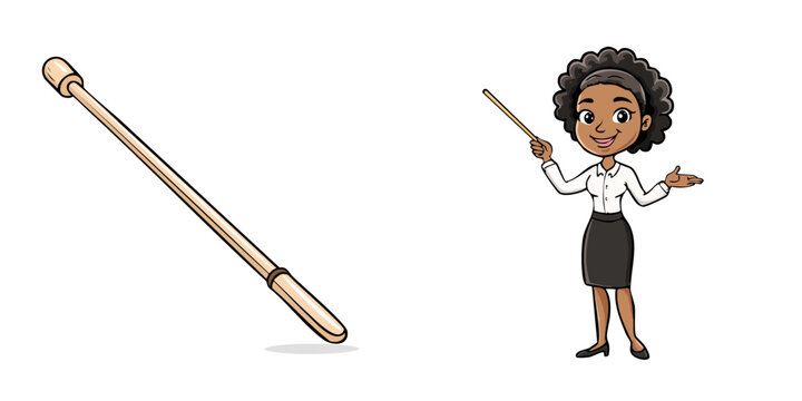 Smiling woman holding pointer stick gesturing teaching presentation
