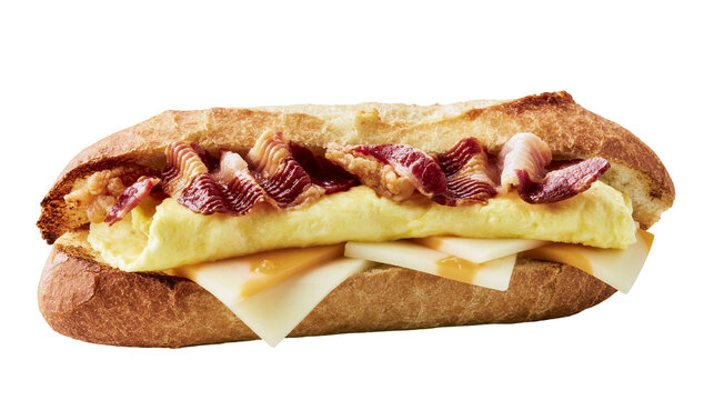 Hearty breakfast sandwich with fluffy scrambled eggs melted cheese and crispy bacon, isolated on transparent background
