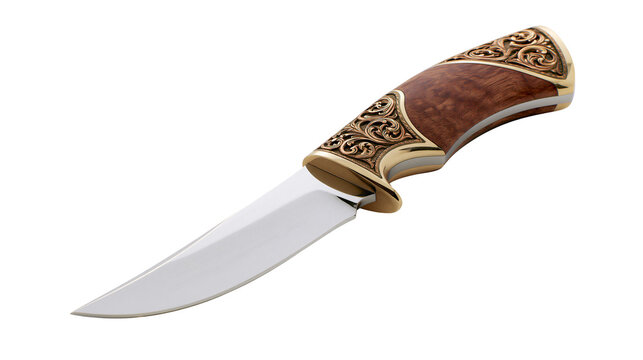 Ornate brass and wood handled hunting knife, isolated on transparent background