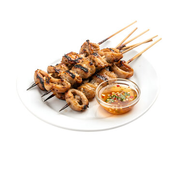 Filipino Isaw Grilled Chicken Intestine Skewers &ndash; Popular Street Food Photography Concept