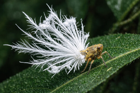 Macro shot of a unique planthopper nymph with a decorative fiber tail