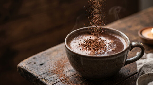 Hot chocolate in ceramic mug with cocoa powder falling on wooden table