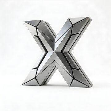 Faceted chrome letter X monogram with sharp angular planes and polished silver reflections, isolated on a bright white background to create a premium futuristic geometric logo, sculpture and modern br