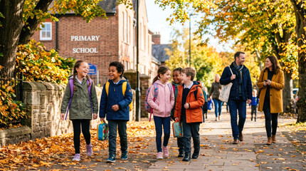 Obraz premium Back to school. Elementary school children walking, autumn day, education, group of friends, cheerful kids, primary education, community, childhood joy, learning environment, school street, family