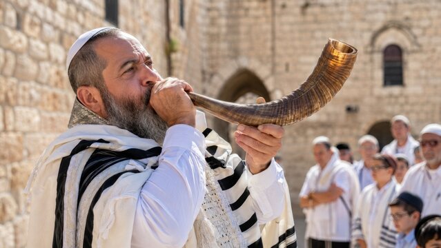 Jewish man blowing shofar during religious ceremony at the Western Wall in Jerusalem, Israel, celebrating Rosh Hashanah or Yom Kippur