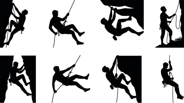 Extreme Rock Climbing and Abseiling Silhouette Set with Mountaineer Poses Rappelling and Scaling Steep Cliffs for Outdoor Adventure Graphic Designs
