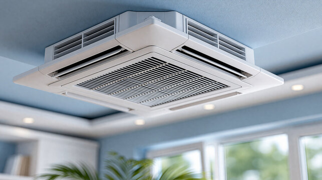 Ceiling-mounted cassette air conditioning unit with a metal grille, modern ventilation system, HVAC interior design, with copy space