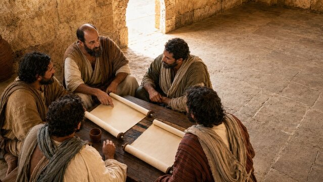 Group of ancient men in historical attire discussing scrolls at a wooden table lit by oil lamps