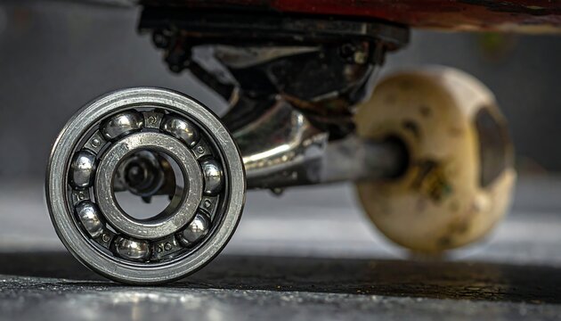 Detailed macro view of skateboard trucks and bearings highlighting premium metal construction and precision engineering for skateboarding concepts.