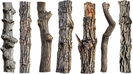 Naklejka premium Rustic tree trunks with natural bark textures in various diameters on a white background