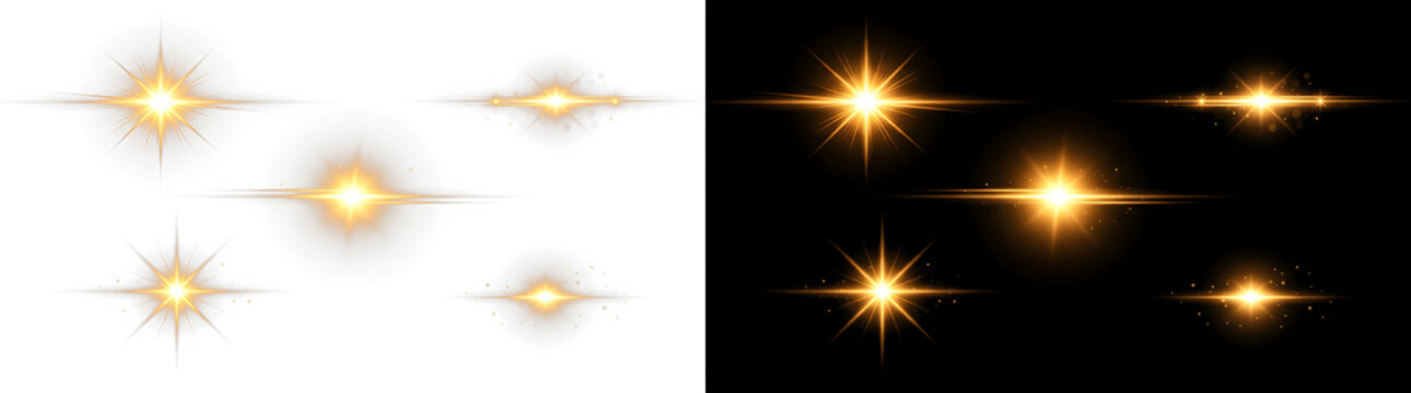 Set of golden starburst flares with luminous beams and sparkle effects, sparkles