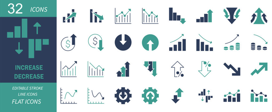 Financial growth and loss icons set, 32 business data visualization symbols, increase and decrease chart vector graphics for corporate reports