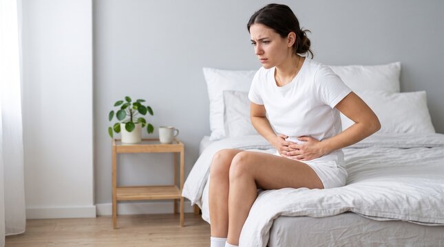 A young woman in a white t-shirt experiences sharp stomach pain while sitting on her bed, clutching her abdomen with a distressed facial expression and feeling very unwell today.