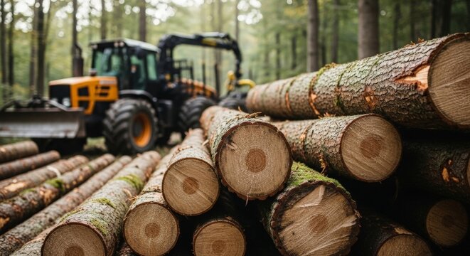 Freshly cut timber logs stacked in a forest with forestry machinery supporting sustainable wood harvesting operations