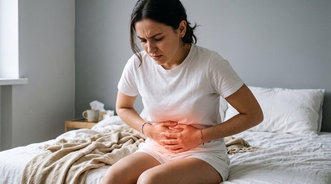 Young woman sitting on her bed feeling severe abdominal pain while wearing a white t-shirt and holding her stomach in distress with a focused expression during a morning session.