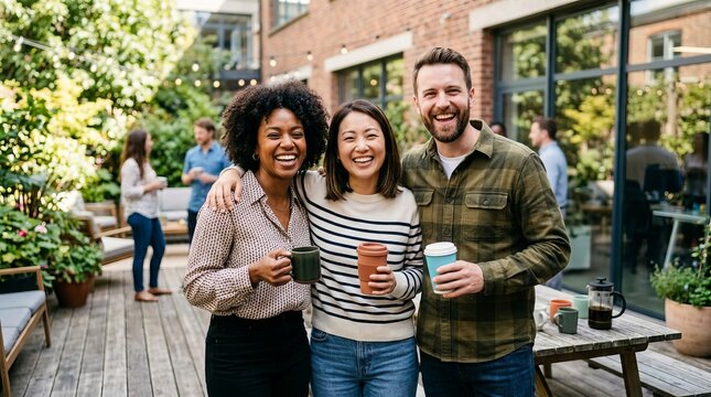 Cheerful multicultural friends enjoying coffee together on a sunny outdoor terrace during a casual social gathering