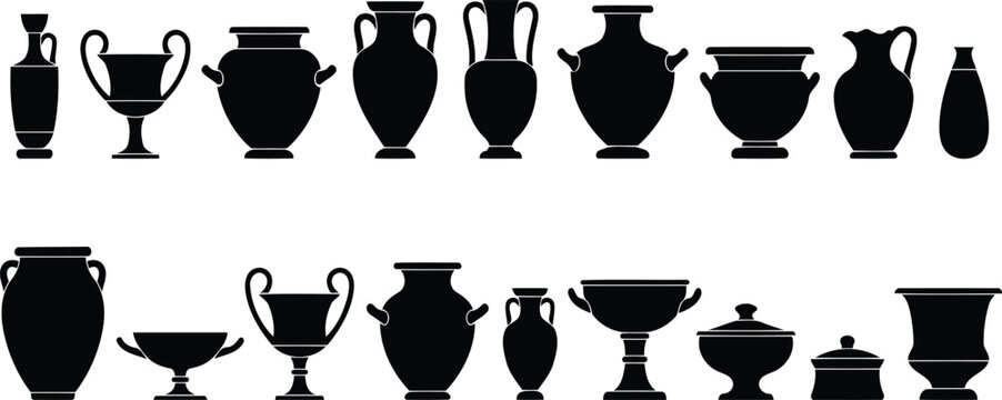 Ancient Greek Roman Pottery Vessel Silhouettes Vector Set