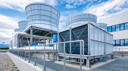 Fototapeta premium Field-erected cooling tower used for circulating water cooling in a factory, industrial cooling infrastructure, energy plant systems, with copy space