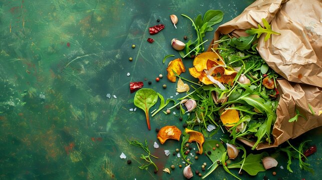 Sorted kitchen waste in eco bag on green background for sustainable composting and recycling