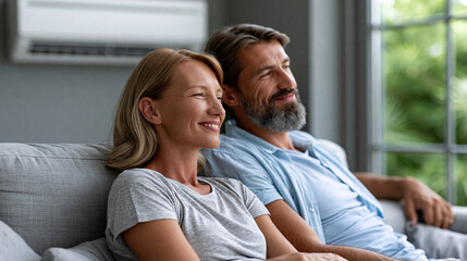 Fototapeta premium Happy couple relaxing at home enjoying cool air from a modern air conditioner, summer comfort lifestyle, HVAC living, with copy space