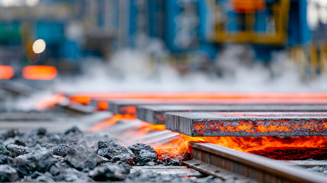 Side view of red-hot slabs on a runout table with misty steam rising from cooling sprays, dynamic metalwork process, with copy space