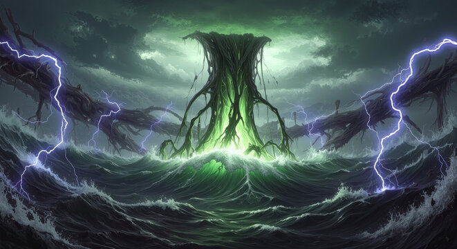 Mythical sea monster rising from turbulent ocean waves under stormy sky with lightning legendary creature concept