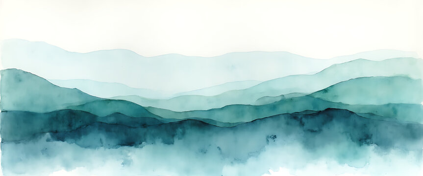 Watercolor landscape with layered teal and green hills fading into white sky, serene panorama for peaceful backgrounds.