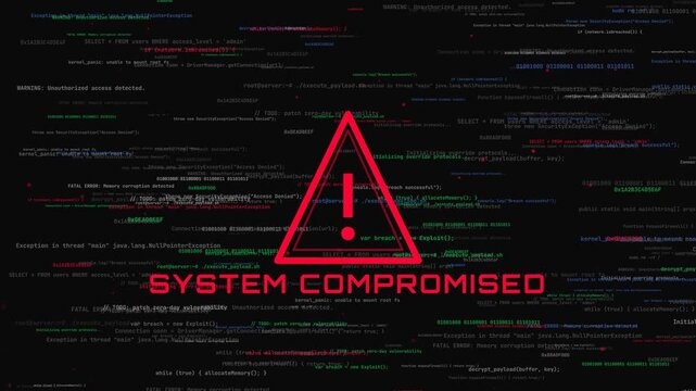 Cyber security system compromised warning with red alert triangle and glitching digital code scrolling for hacking background